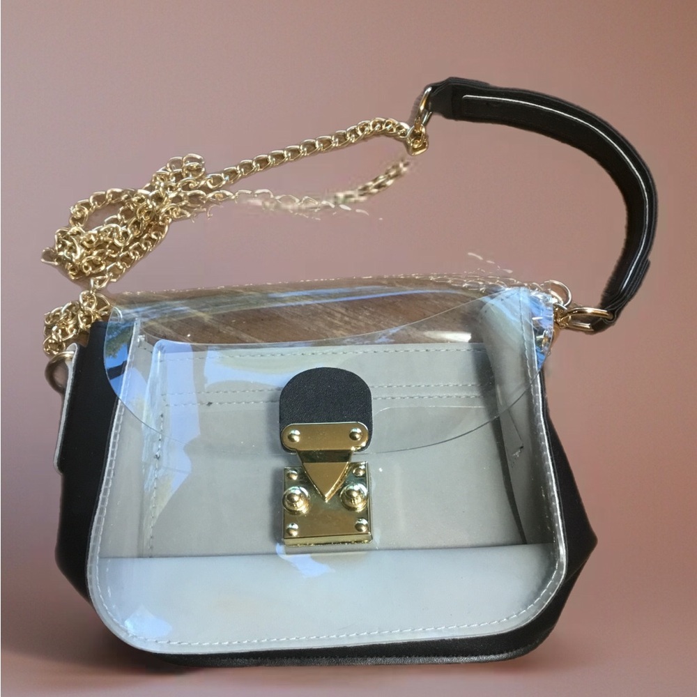 Clear White and Black Crossbody Bag with Gold Chain